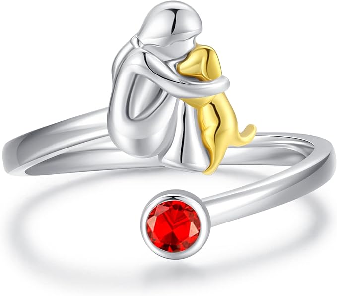 טבעת כלב מתכווננת עם דמות ילדה ממתכת כסף