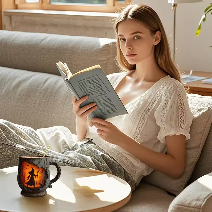 כוס הלווין תלת-ממדית בעבודת יד – עיצוב מכשפה וחתול