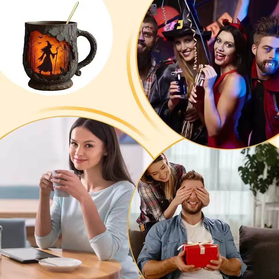 כוס הלווין תלת-ממדית בעבודת יד – עיצוב מכשפה וחתול